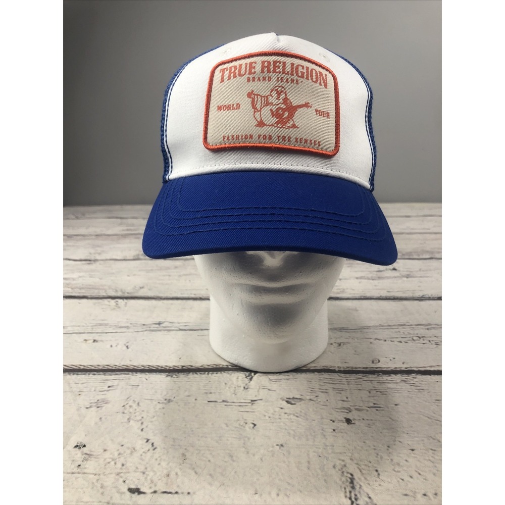 True Religion Patch Mess Trucker SnapBack Hat White And Blue - New